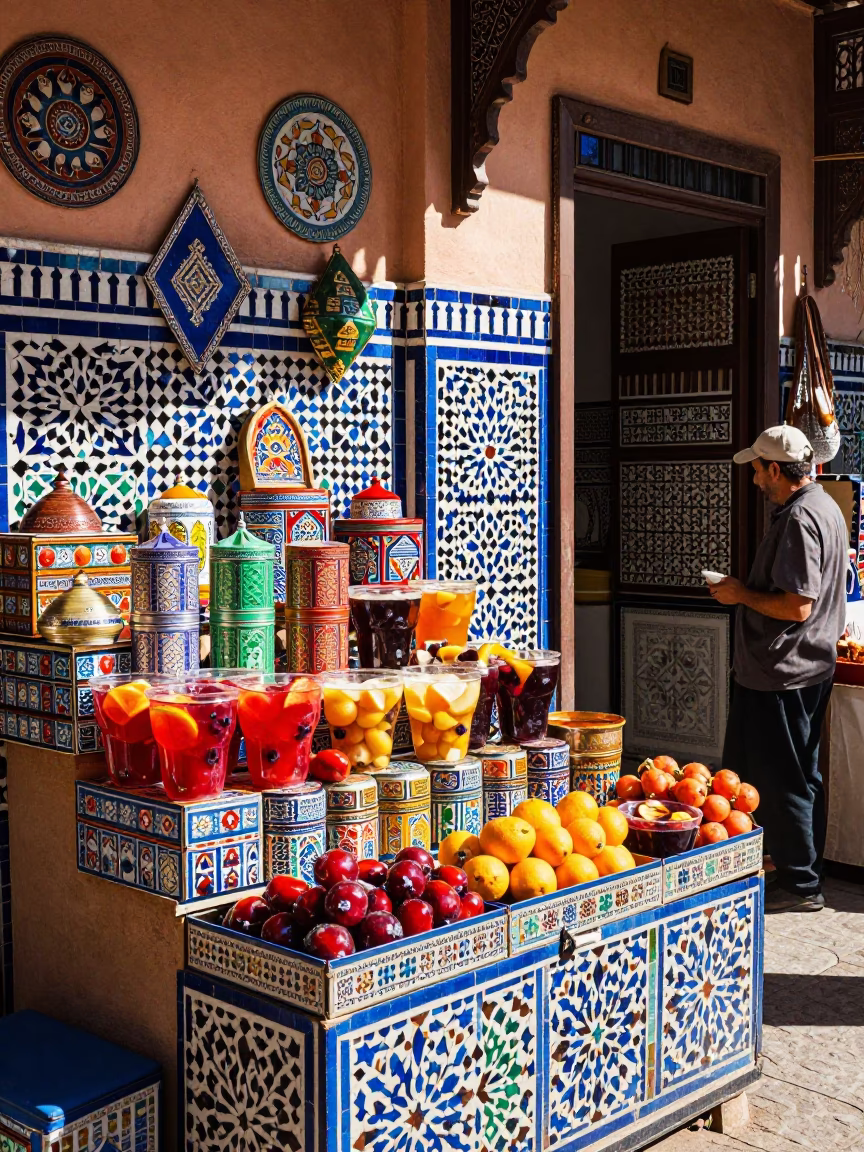Colorful Souk Stall with Tin Box and Sangria Jug in Bright Marrakech Morning in in Marrakech, Morocco