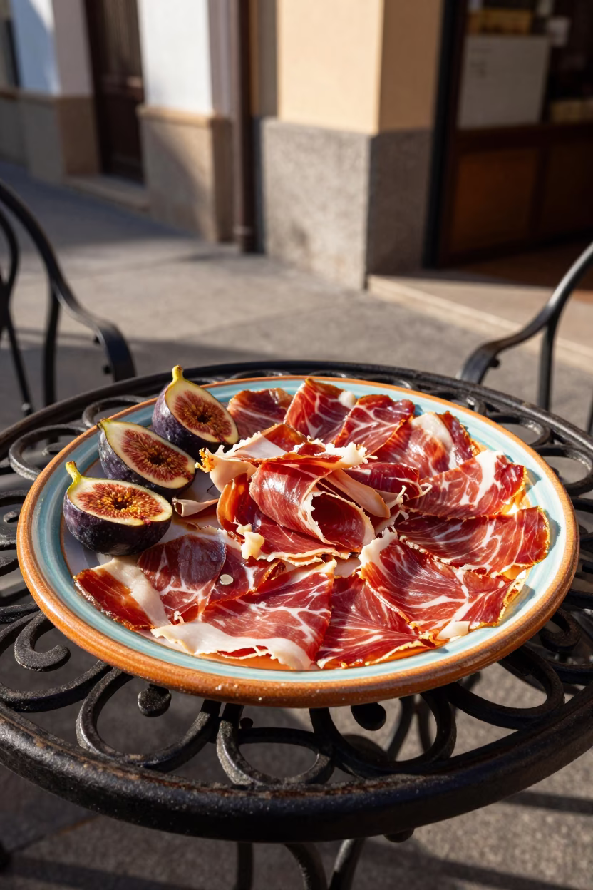 Colorful Spanish Platter with Cured Meats and Figs in Seville Late Afternoon in in Seville, Spain
