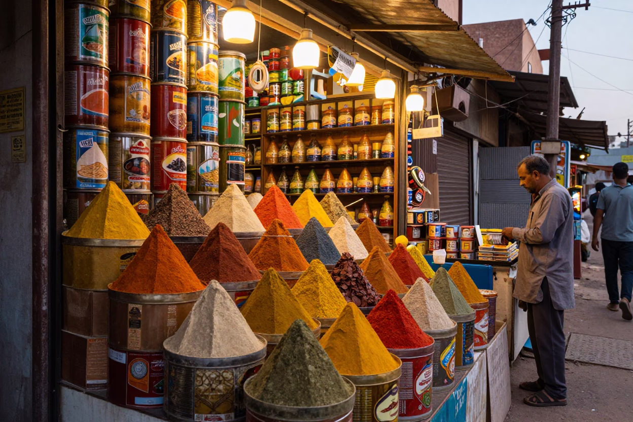 Colorful Spice Market Stall with Traditional Containers in Jaipur India Early Evening in in Jaipur, India