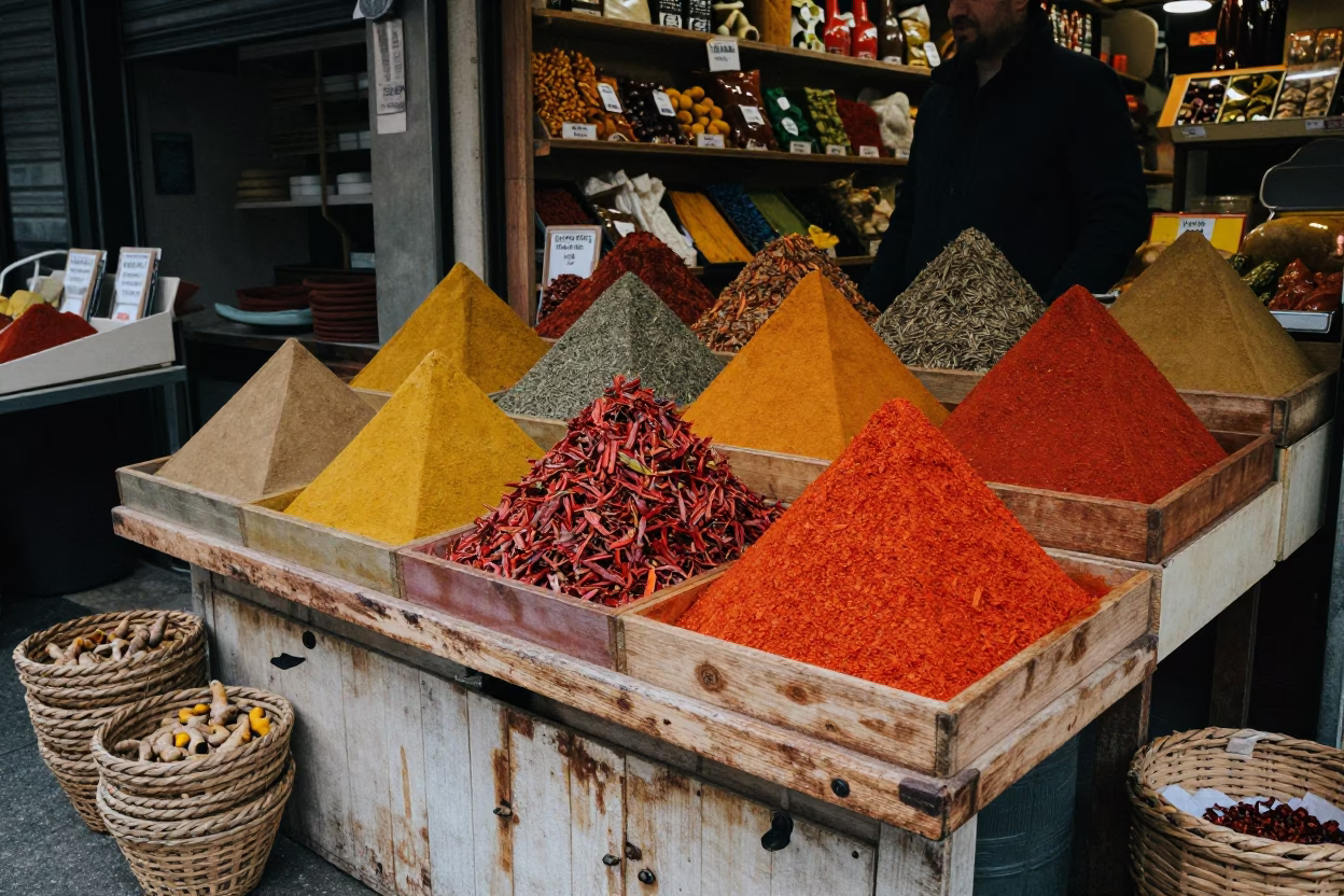 Colorful Spice Stall Display in Istanbul Overcast Midday Market Scene in in Istanbul, Turkey