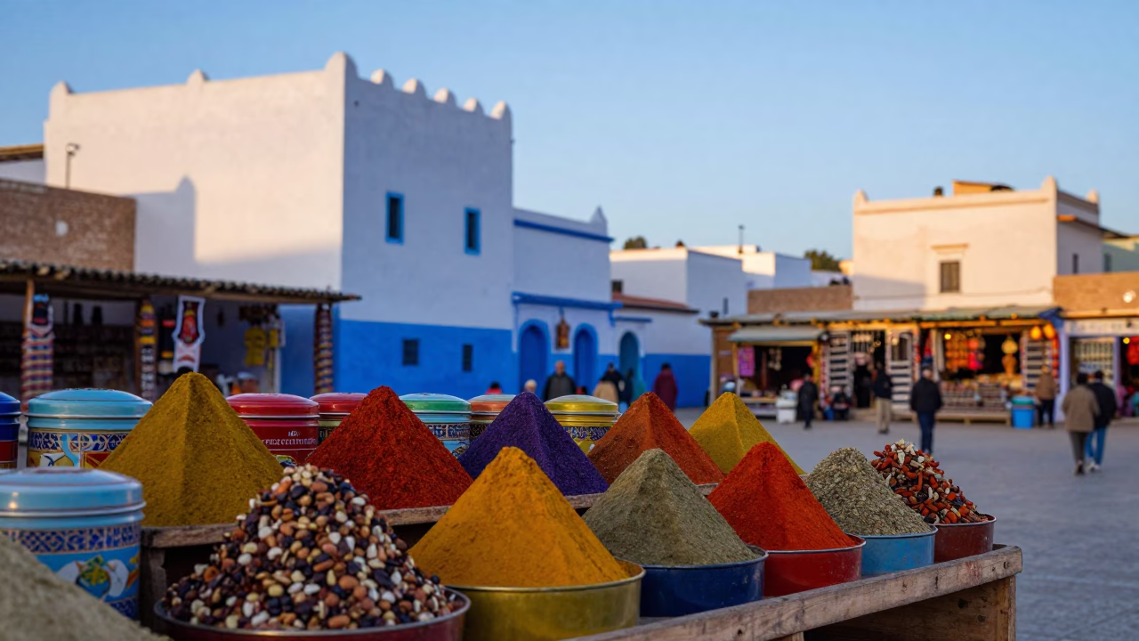 Colorful Spice Tins and Local Market Scene in Essaouira Morocco at Dawn in in Essaouira, Morocco