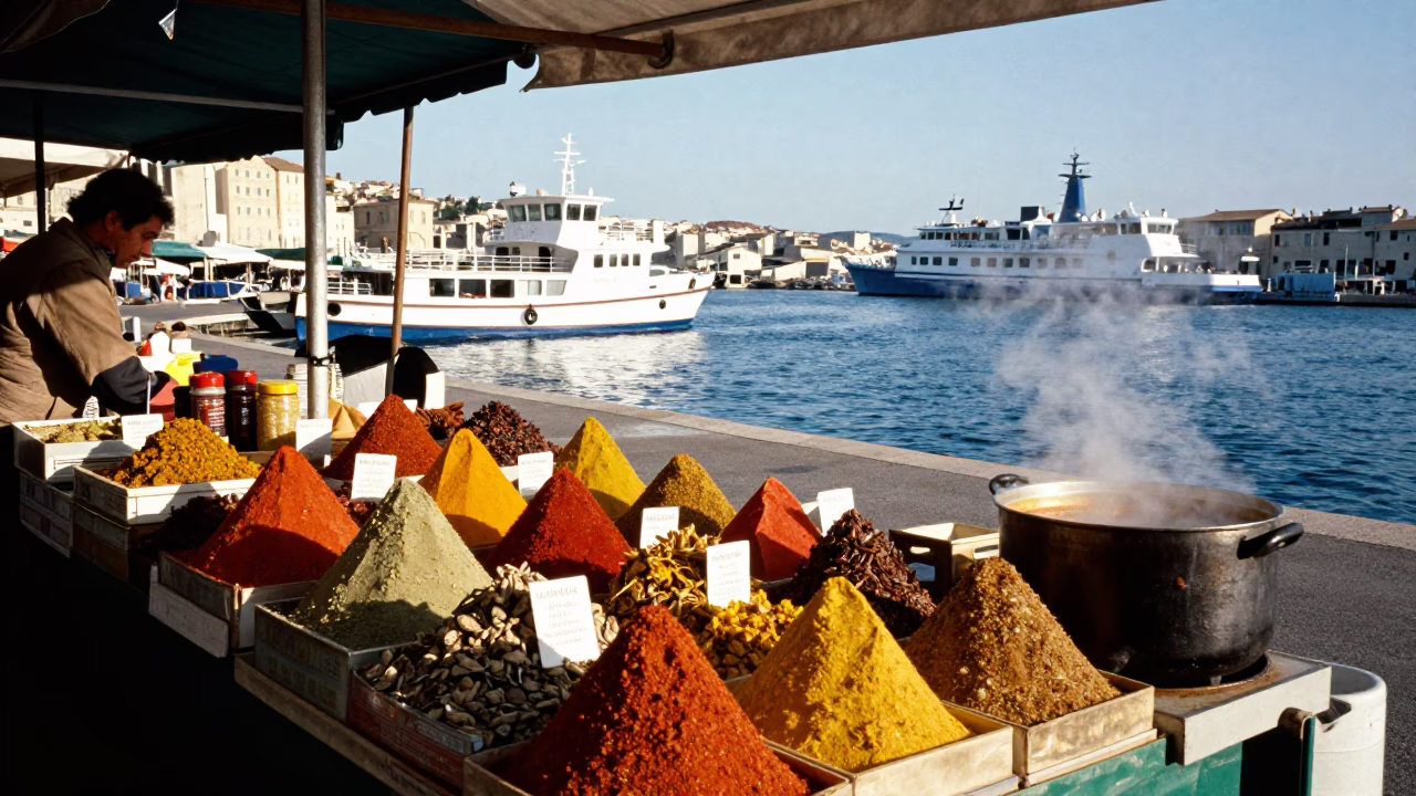 Colorful Spices and Ferry in Marseille Late Afternoon Harbor in in Marseille, France