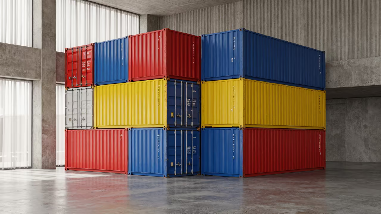 Colorful Stacked Containers in Ribbed Concrete Lobby in inside a ribbed concrete lobby in San Francisco