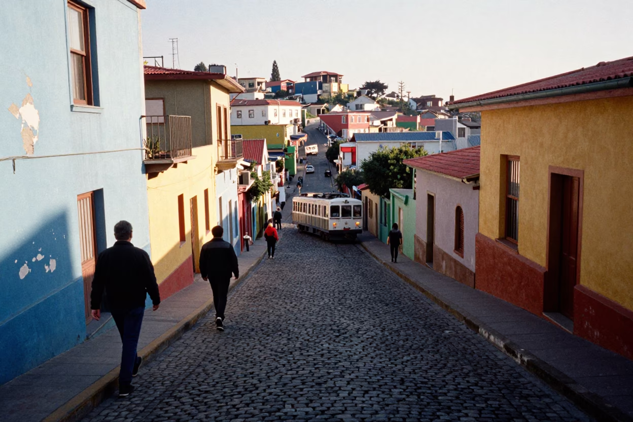 Colorful Steep Cobblestone Street in Valparaiso Chile Late Morning Commuter Activity in in Valparaiso, Chile
