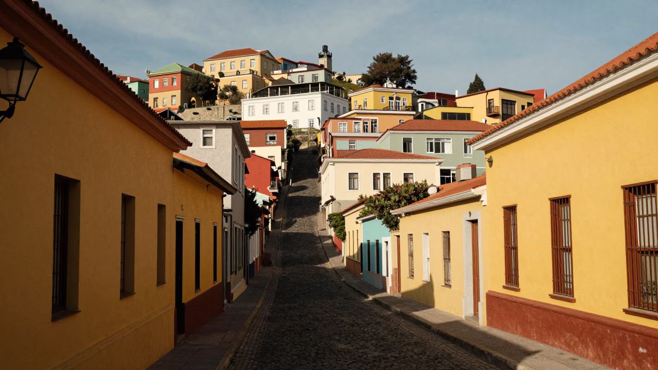Colorful Steep Hillside Street Scene in Valparaiso Chile with Local Architecture and Daily Life in in Valparaiso, Chile