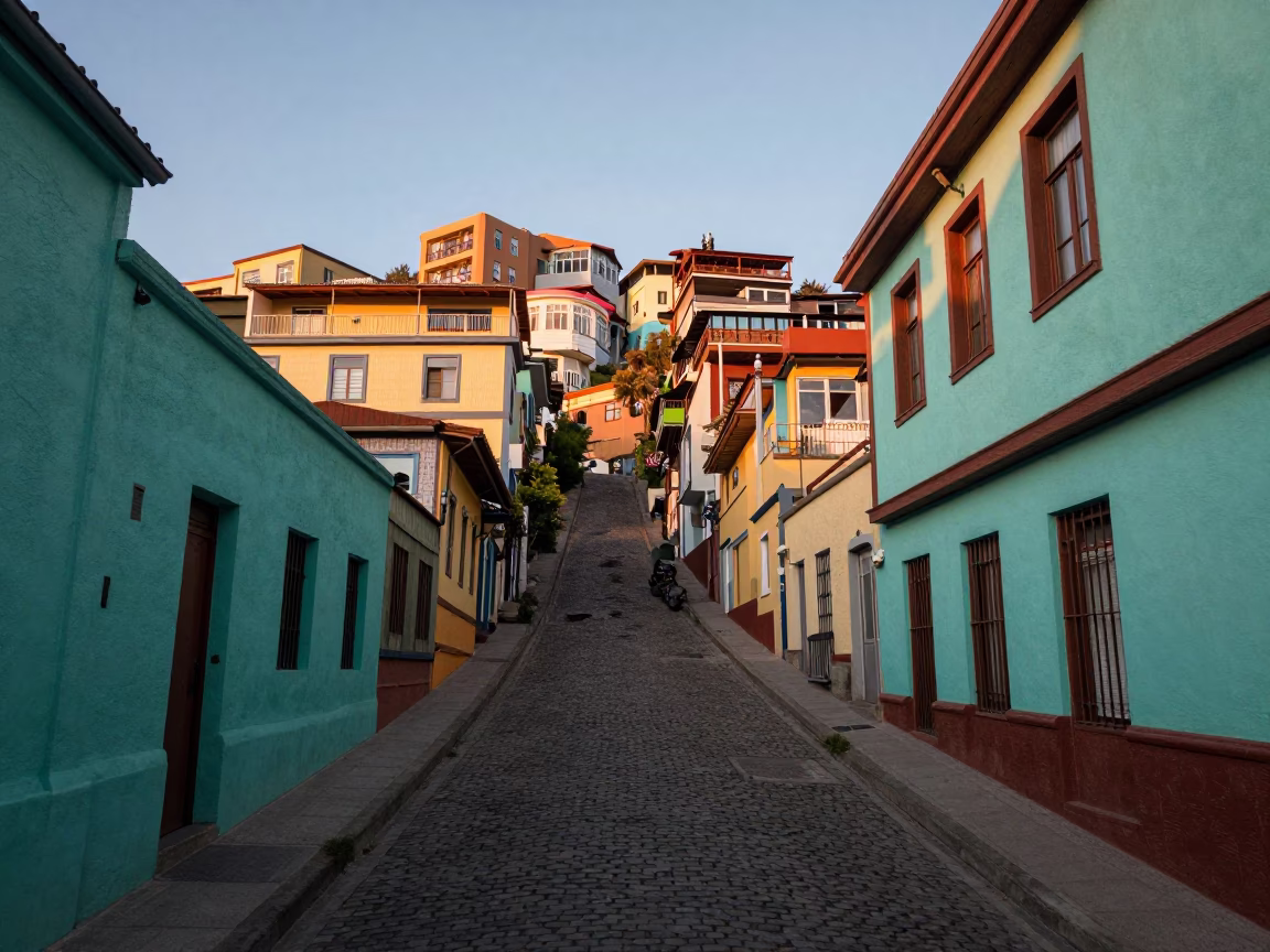 Colorful Steep Hillside Streets of Valparaiso Chile Early Evening Street Photography in in Valparaiso, Chile