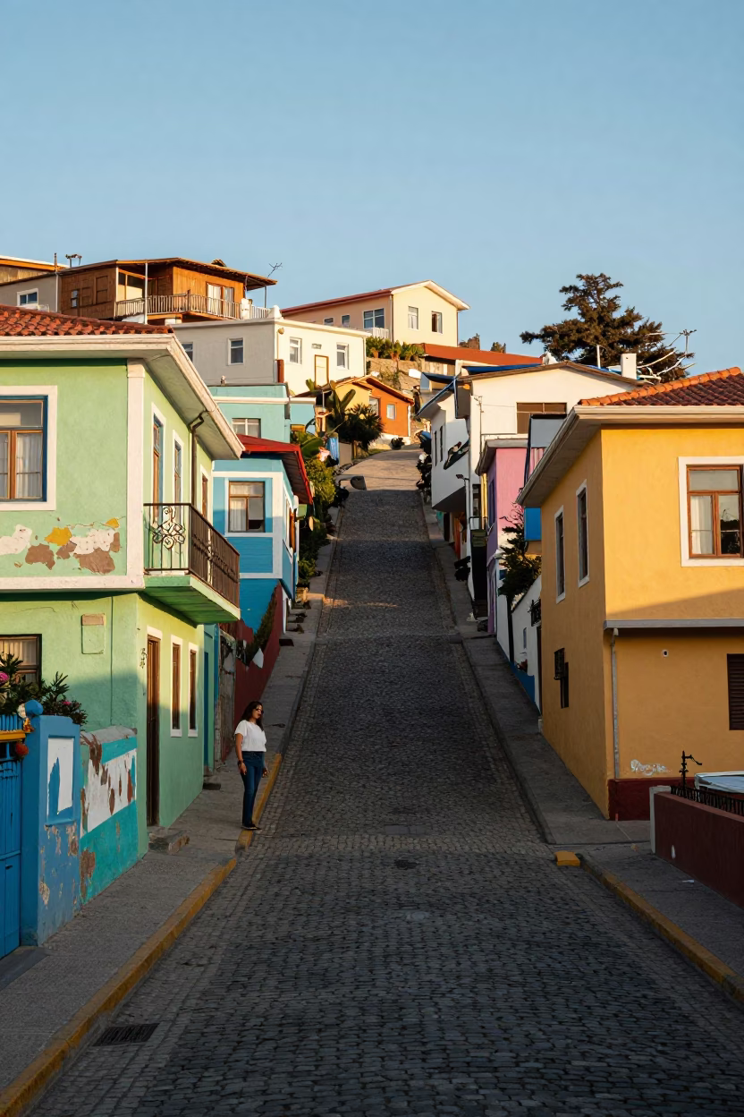Colorful Steep Street in Valparaiso Chile Early Afternoon with Local Street Life in in Valparaiso, Chile