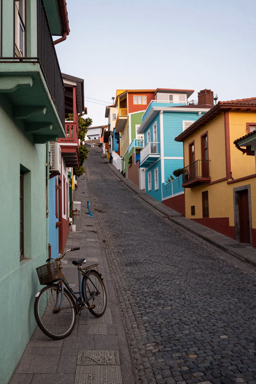 Colorful Steep Street in Valparaiso Chile Early Morning with Bicycle and Rust Details in in Valparaiso, Chile