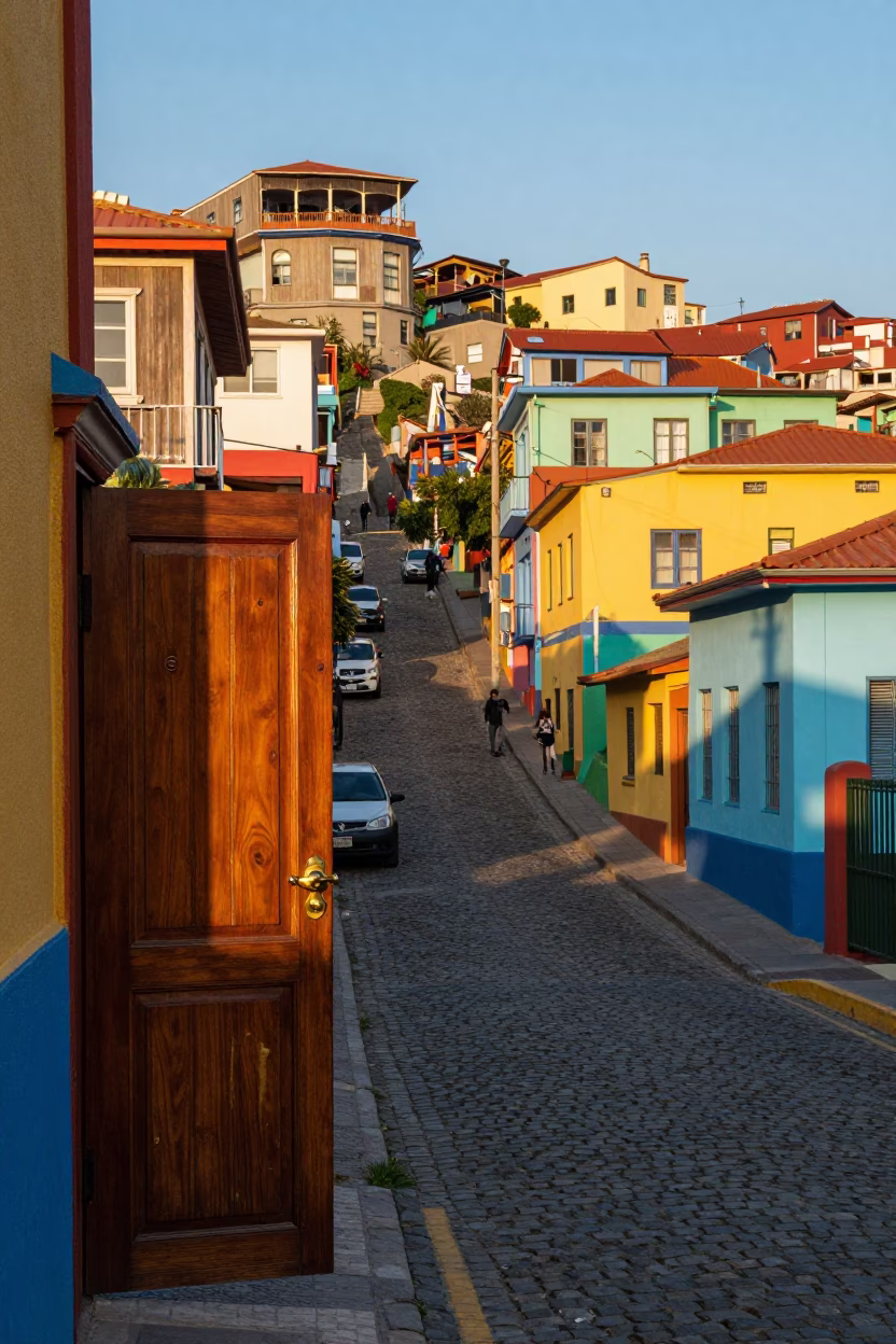 Colorful Steep Street in Valparaiso Chile Late Afternoon with Local Life in in Valparaiso, Chile
