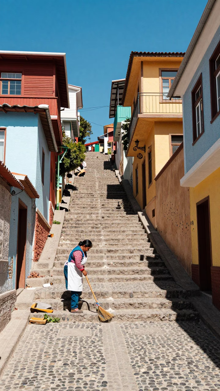 Colorful Steep Street in Valparaiso Chile Midday Sunlight and Local Life in in Valparaiso, Chile