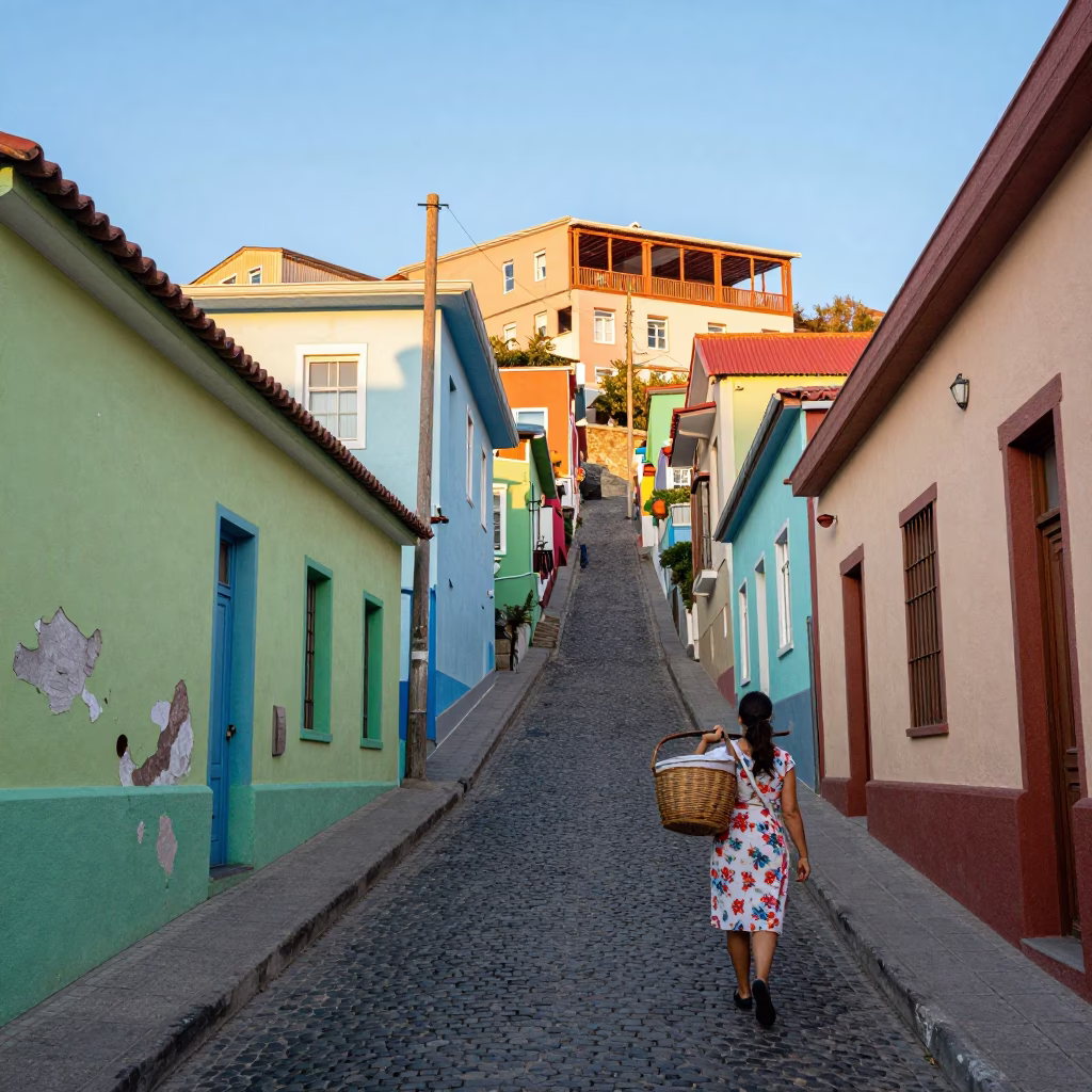 Colorful Steep Street Scene in Valparaiso Chile Late Afternoon Light in in Valparaiso, Chile