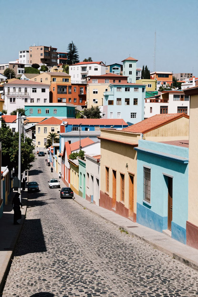 Colorful Steep Street Scene in Valparaiso Chile Under Flat Noon Light in in Valparaiso, Chile