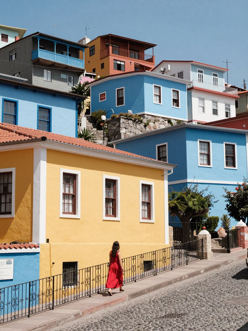 Colorful Steep Street Scene in Valparaiso Chile with Yellow House and Metal Stairs in in Valparaiso, Chile