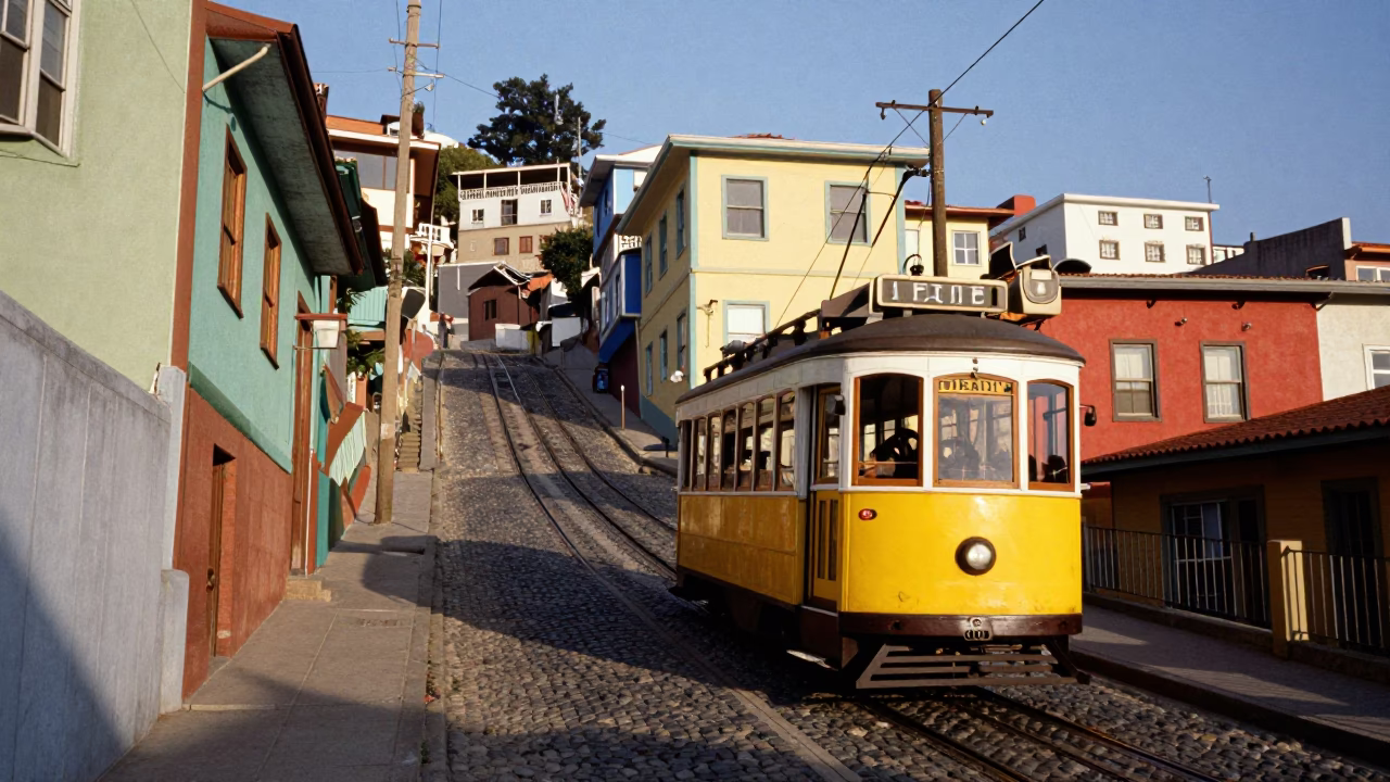 Colorful Steep Street Tram Ride in Valparaiso Chile Late Morning Light in in Valparaiso, Chile