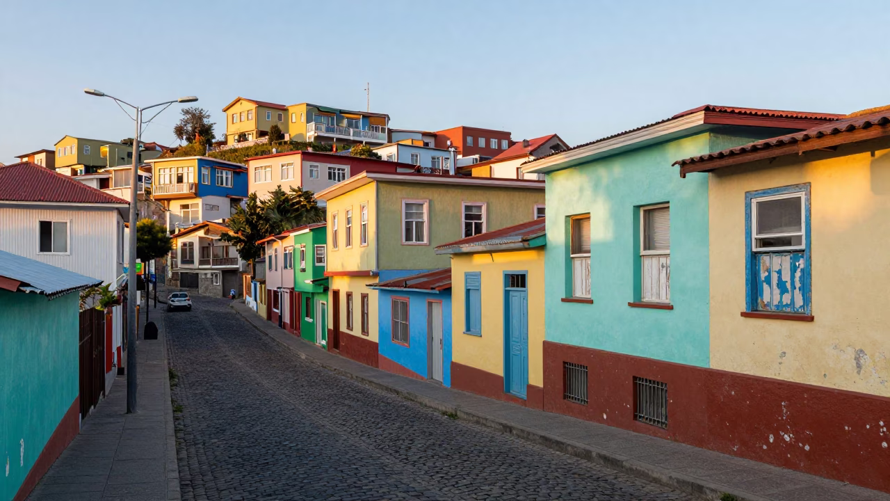 Colorful Steep Streets of Valparaiso Chile Late Afternoon Street Scene in in Valparaiso, Chile