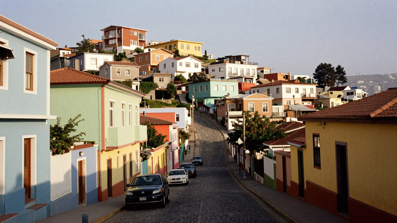 Colorful Steep Streets of Valparaiso Chile Late Morning Street Scene in in Valparaiso, Chile