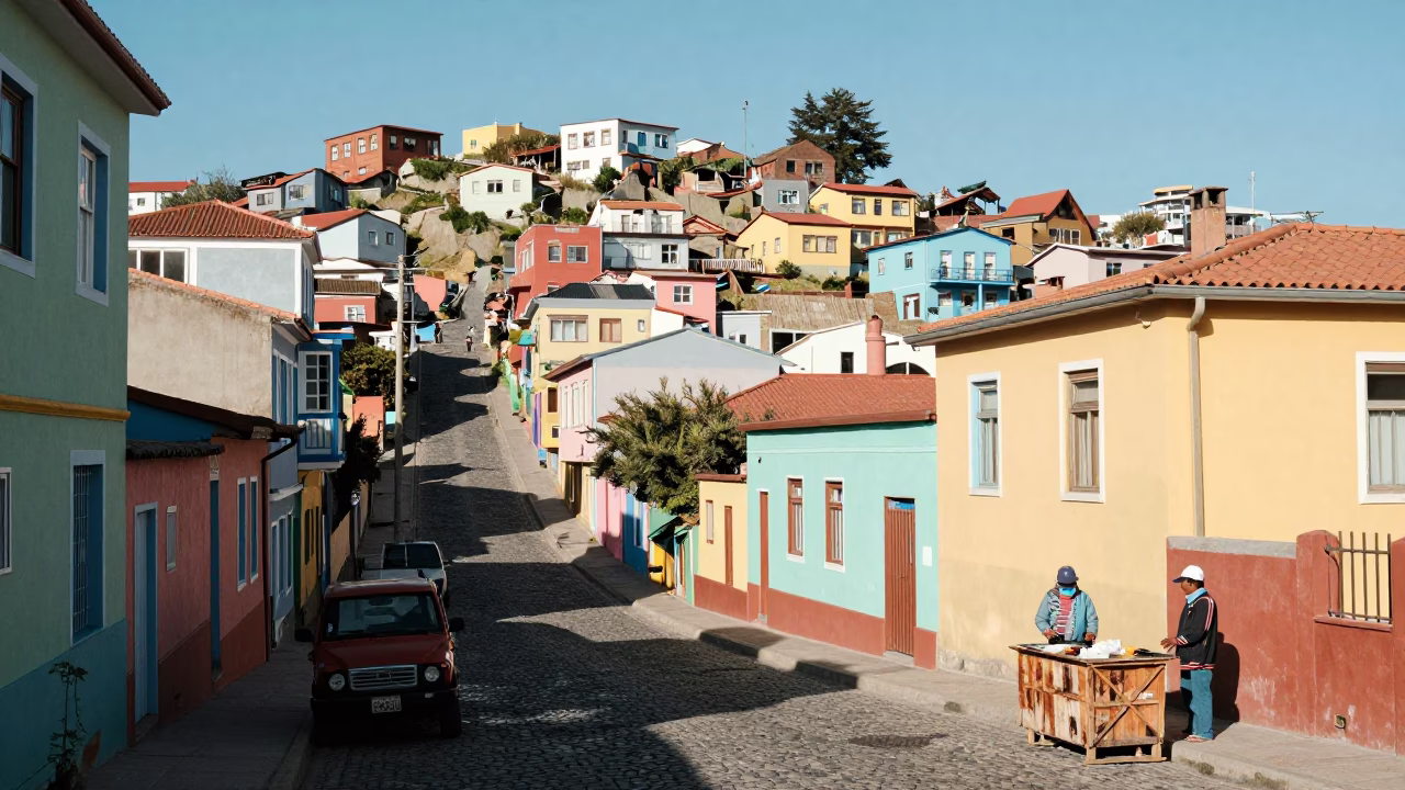 Colorful Steep Streets of Valparaiso Chile Midmorning Light with Local Market Details in in Valparaiso, Chile