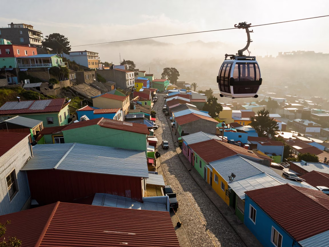 Colorful Steep Streets of Valparaiso Chile Morning Light and Aerial Tramway Gondola in in Valparaiso, Chile
