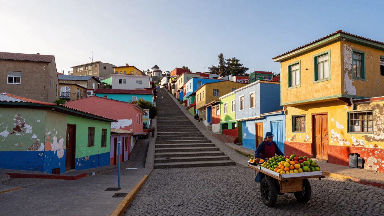 Colorful Stepped Streets of Valparaiso Chile Morning Light and Local Life in in Valparaiso, Chile