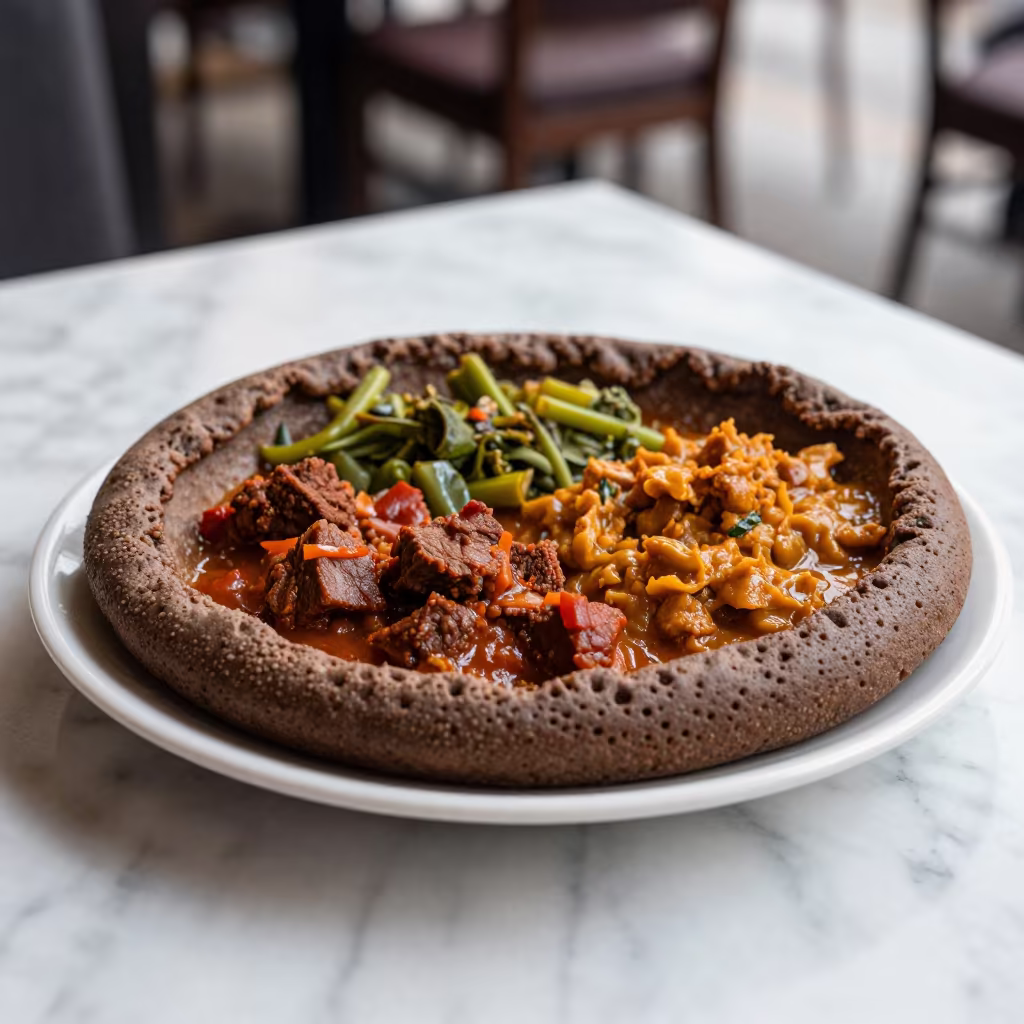 Colorful Stews on Injera Plate in Duzce Cafe in on a marble cafe table in Düzce