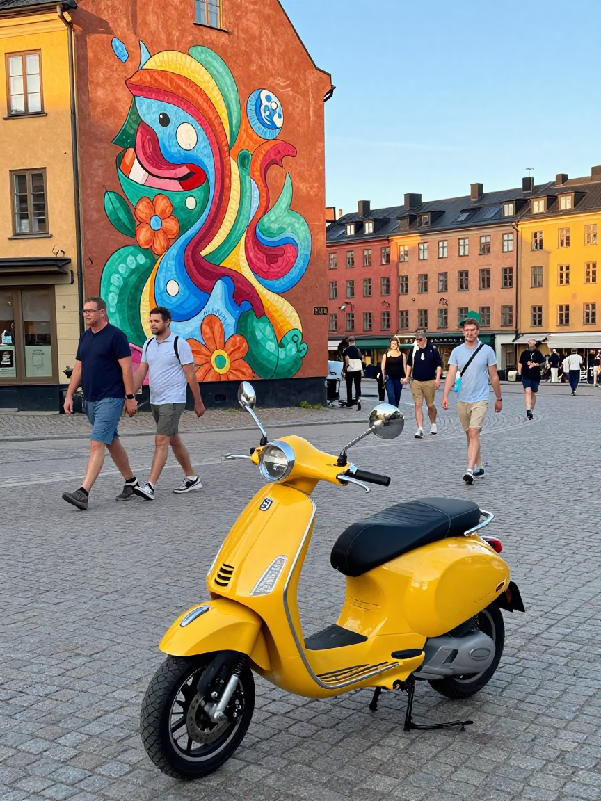 Colorful Stockholm Afternoon Scene with Scooter and Harbor Promenade Vibes in in Stockholm, Sweden