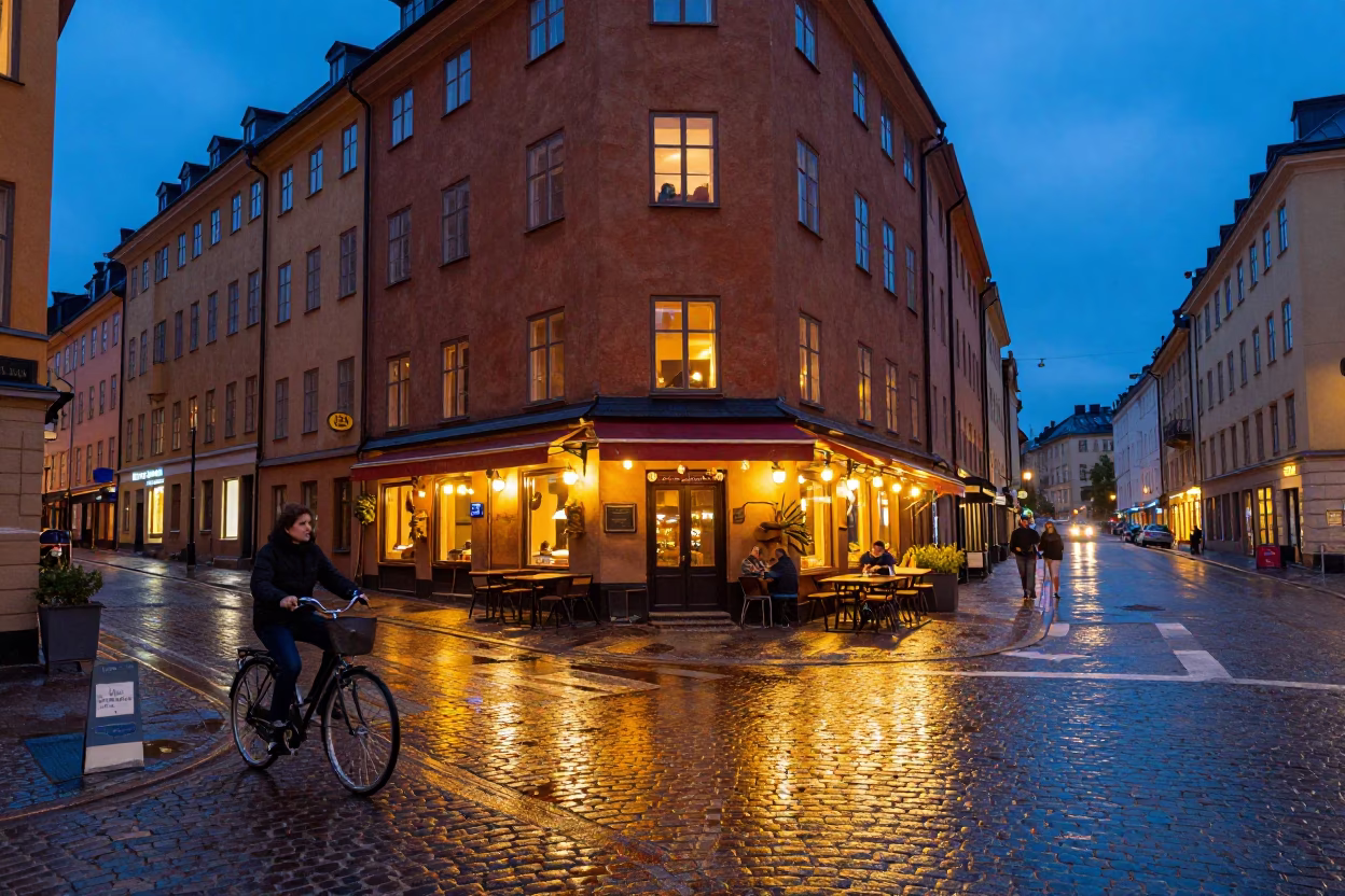 Colorful Stockholm Evening Street Scene with Bicycle and Café in Indigo Twilight in in Stockholm, Sweden
