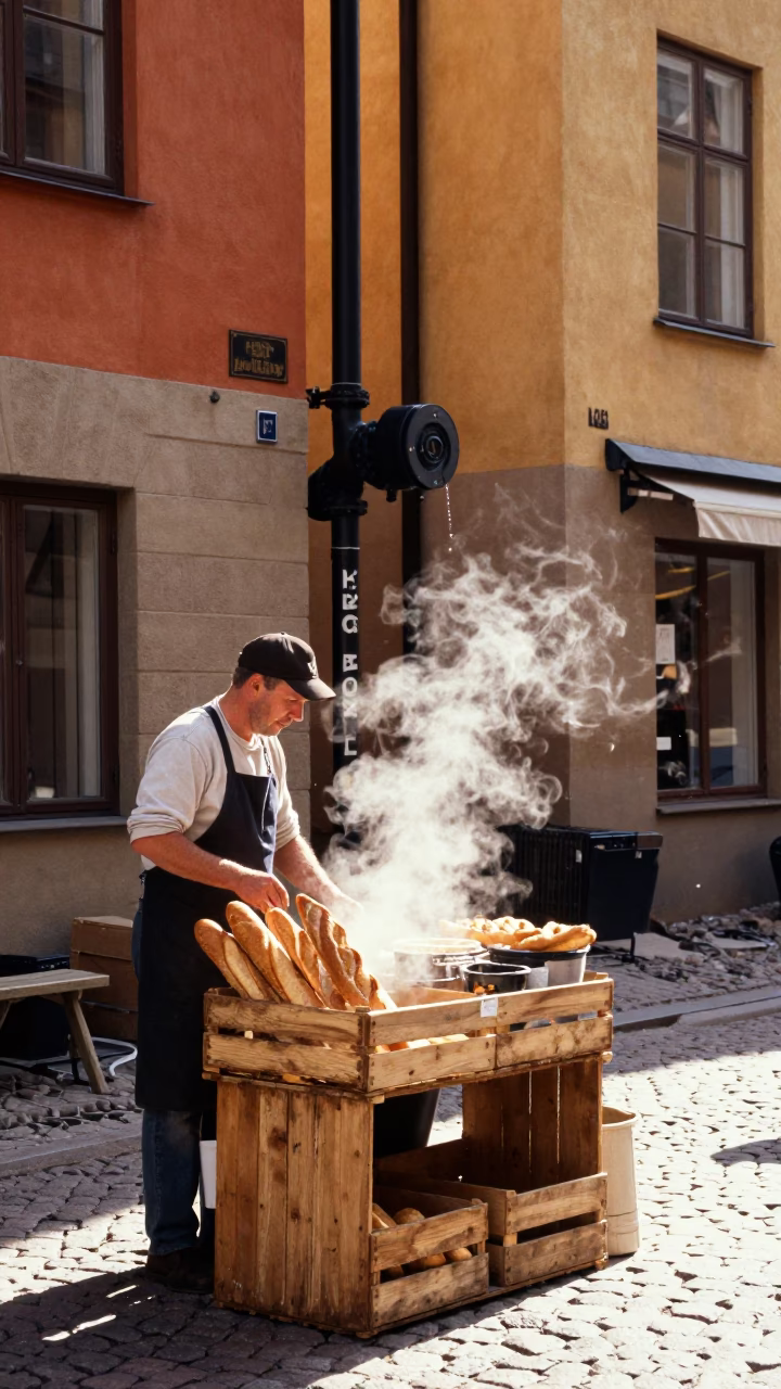 Colorful Stockholm Street Scene with District Heating Pipe and Local Bakery Items in in Stockholm, Sweden