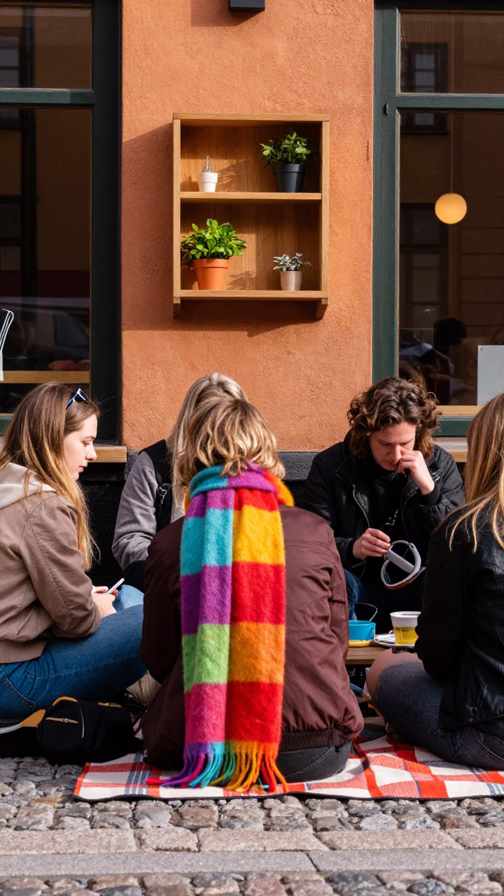 Colorful Stockholm Street Scene with Scarf and Picnic Blanket in in Stockholm, Sweden