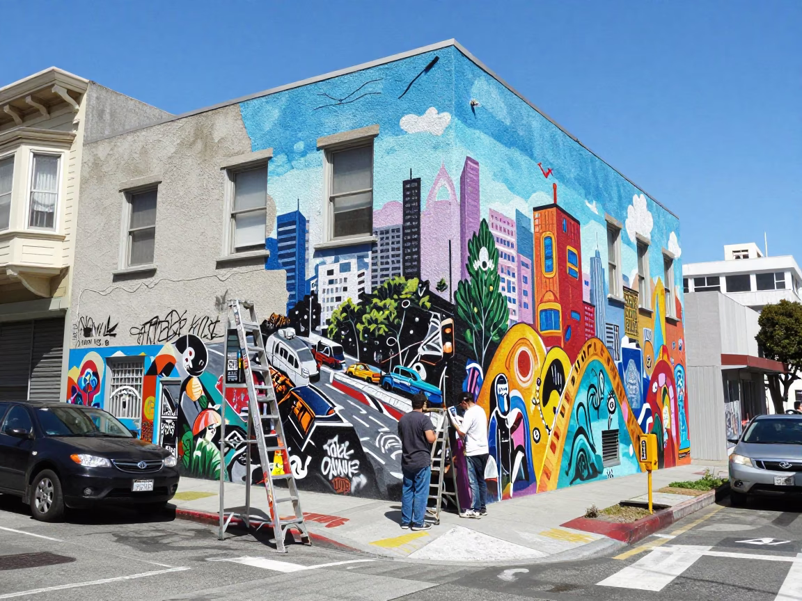 Colorful Street Art and Urban Life in Bright Midmorning San Francisco California in in San Francisco, California, United States
