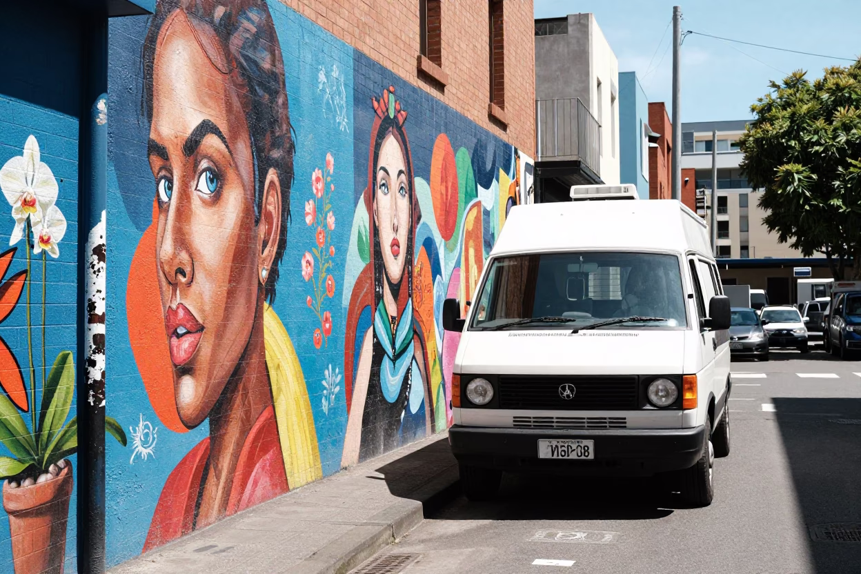 Colorful Street Art and Van Life in Melbourne Laneway Under Noon Sun in in Melbourne, Victoria, Australia