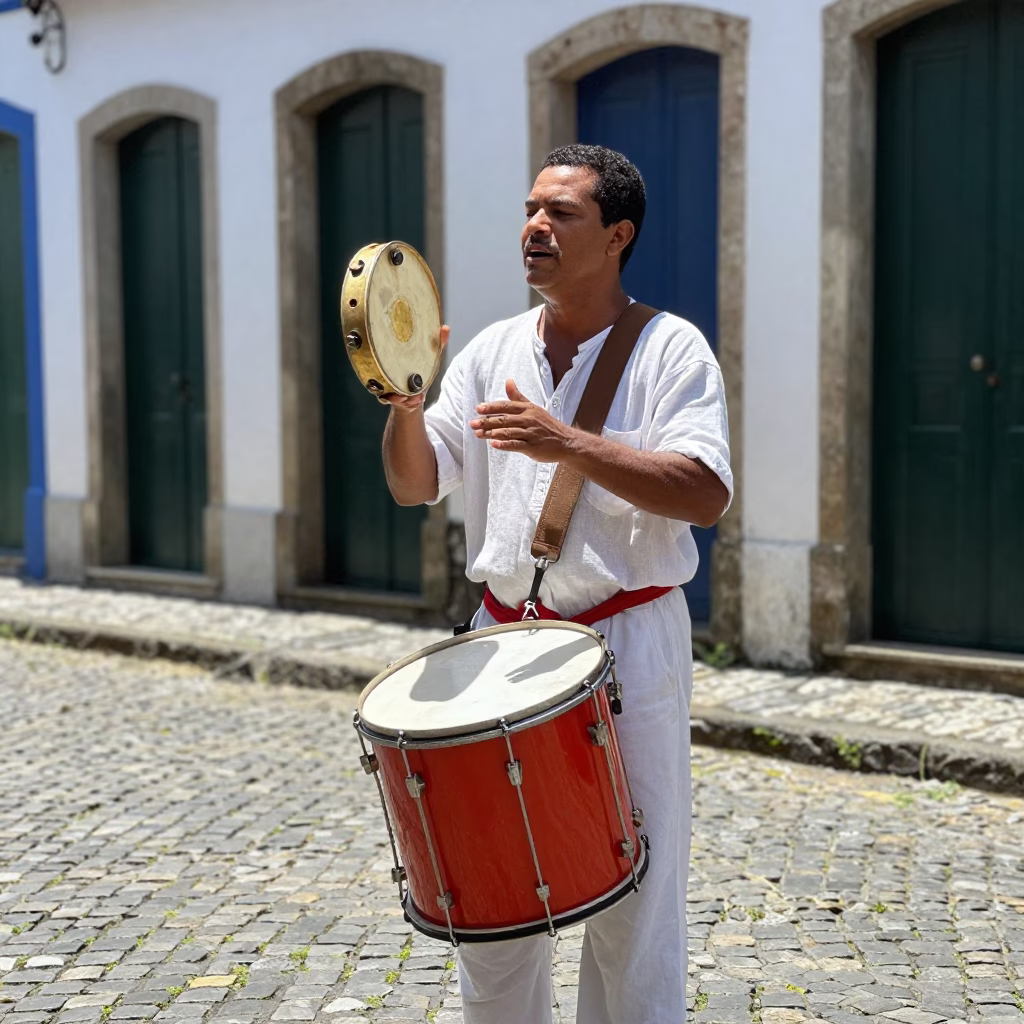 Colorful Street Drummer in Salvador Brazil Playing Tambourine Under Bright Midday Sun in in Salvador, Brazil