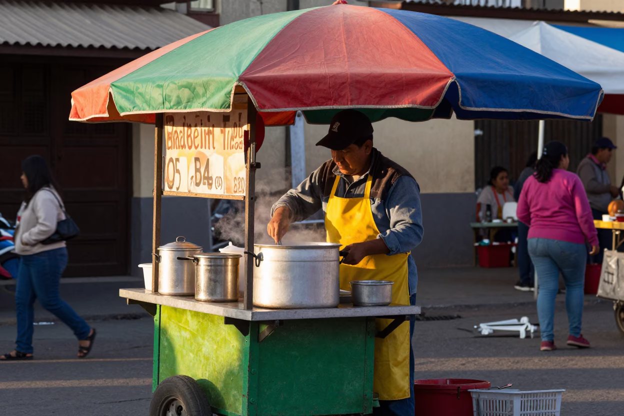 Colorful Street Food Cart in Lima Peru First Light Morning Market Scene in in Lima, Peru