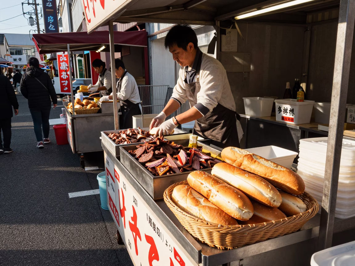 Colorful street food stall in Fukuoka Japan serving shawarma and bread baskets in in Fukuoka, Japan