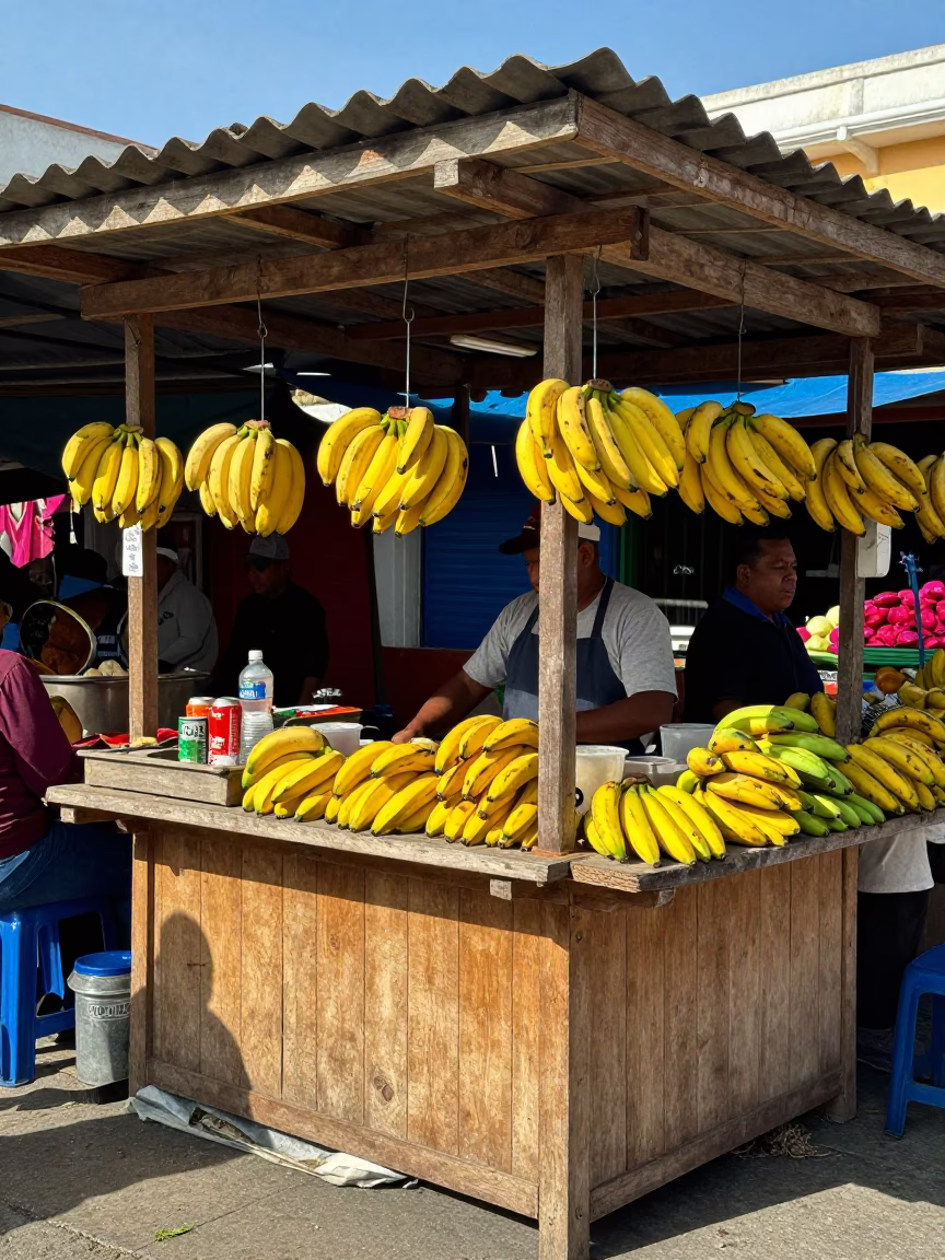 Colorful Street Food Stall in Lima Peru Midday Bananas Hanging in in Lima, Peru