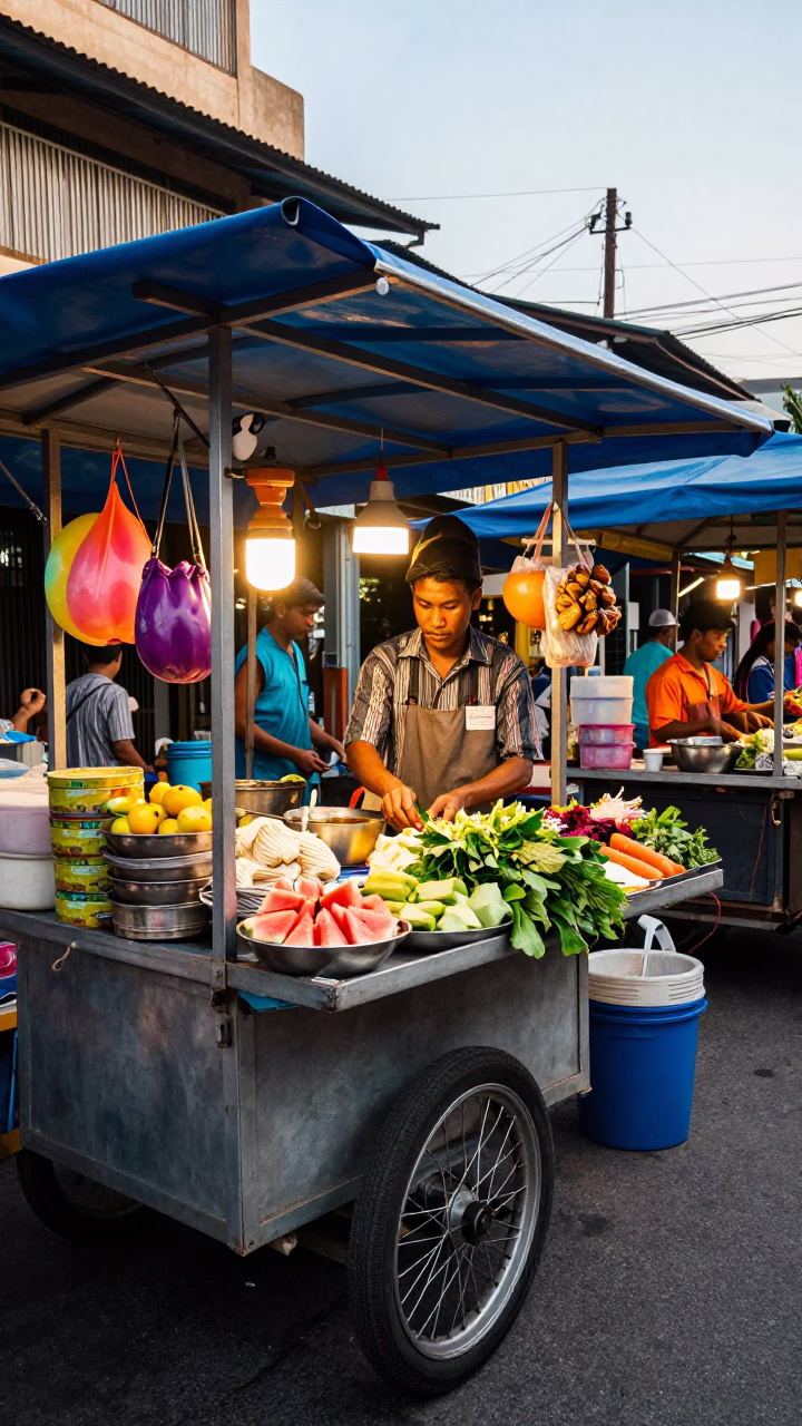 Colorful Street Food Stall in Phnom Penh Early Afternoon Local Dining Scene in in Phnom Penh, Cambodia