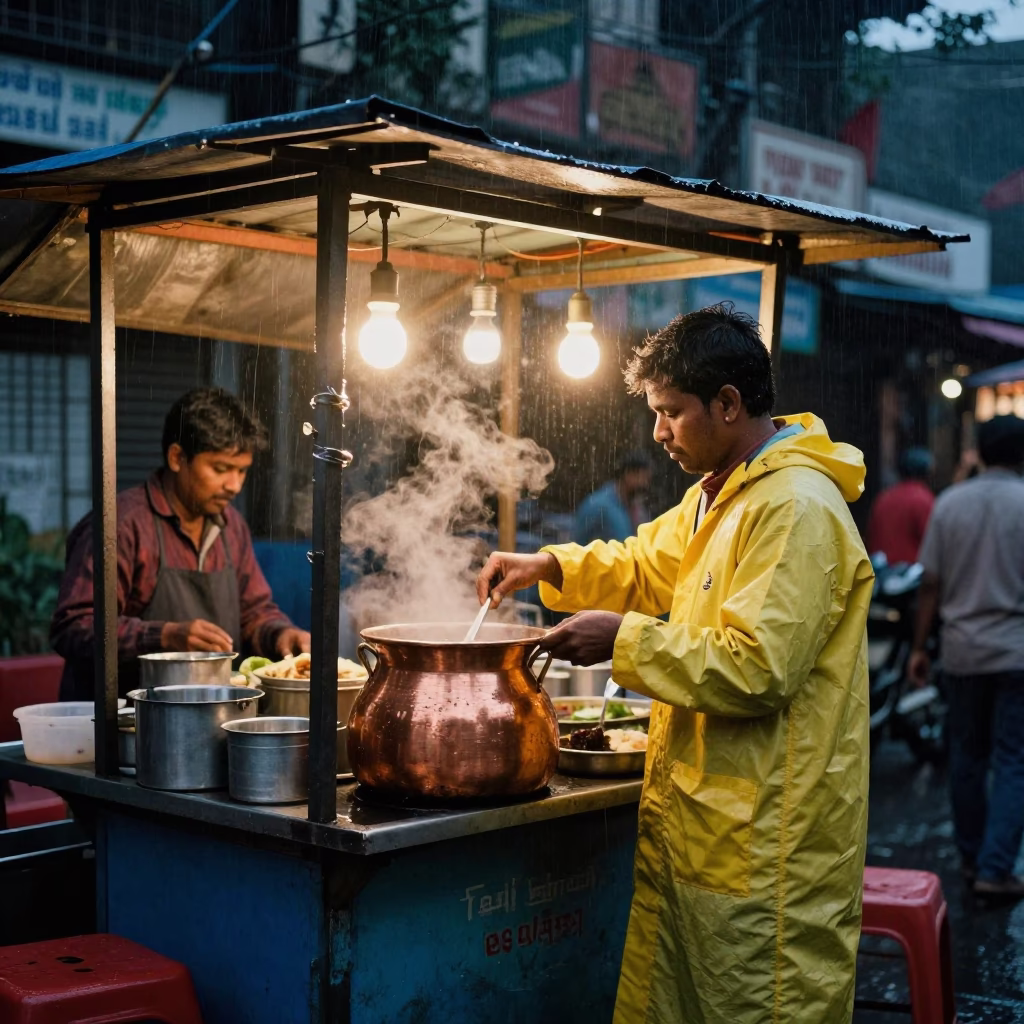 Colorful Street Food Stall Under Light Rain at Dusk in Kolkata India in in Kolkata, India