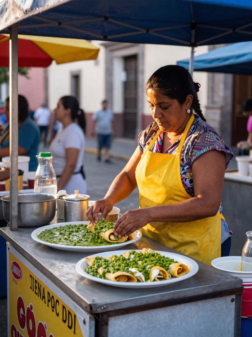 Colorful Street Food Stall with Green Salsa Enchiladas in Mexico City Morning Light in in Mexico City, Mexico