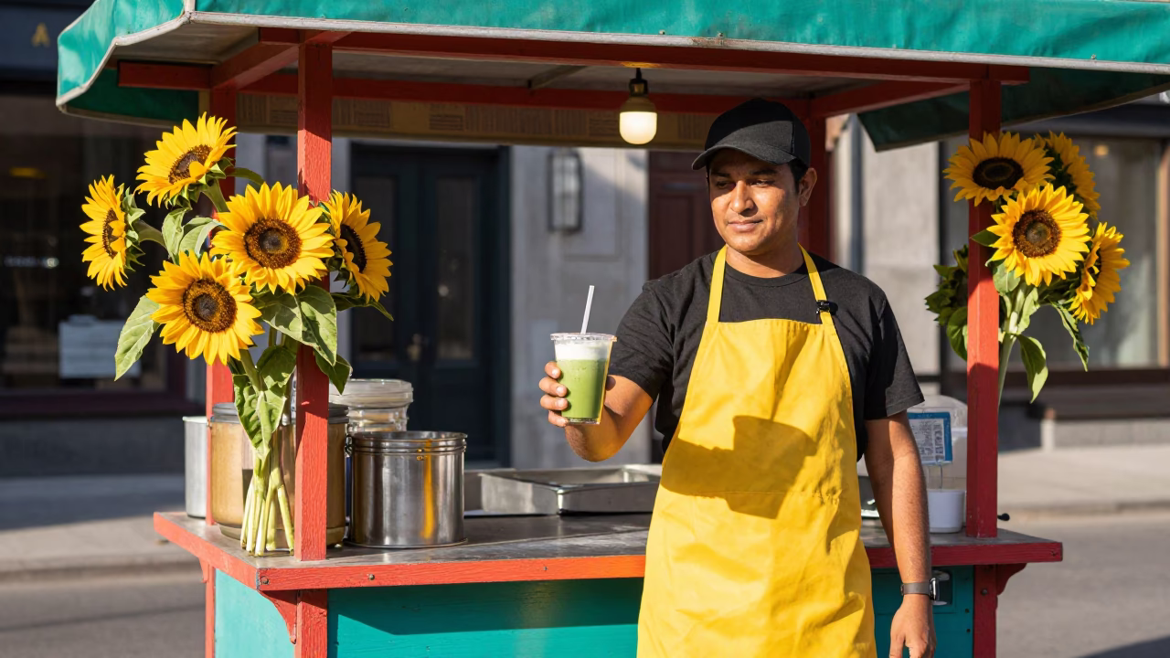 Colorful Street Food Vendor in Montreal Quebec Early Afternoon Sunflowers and Matcha Latte in in Montreal, Quebec, Canada