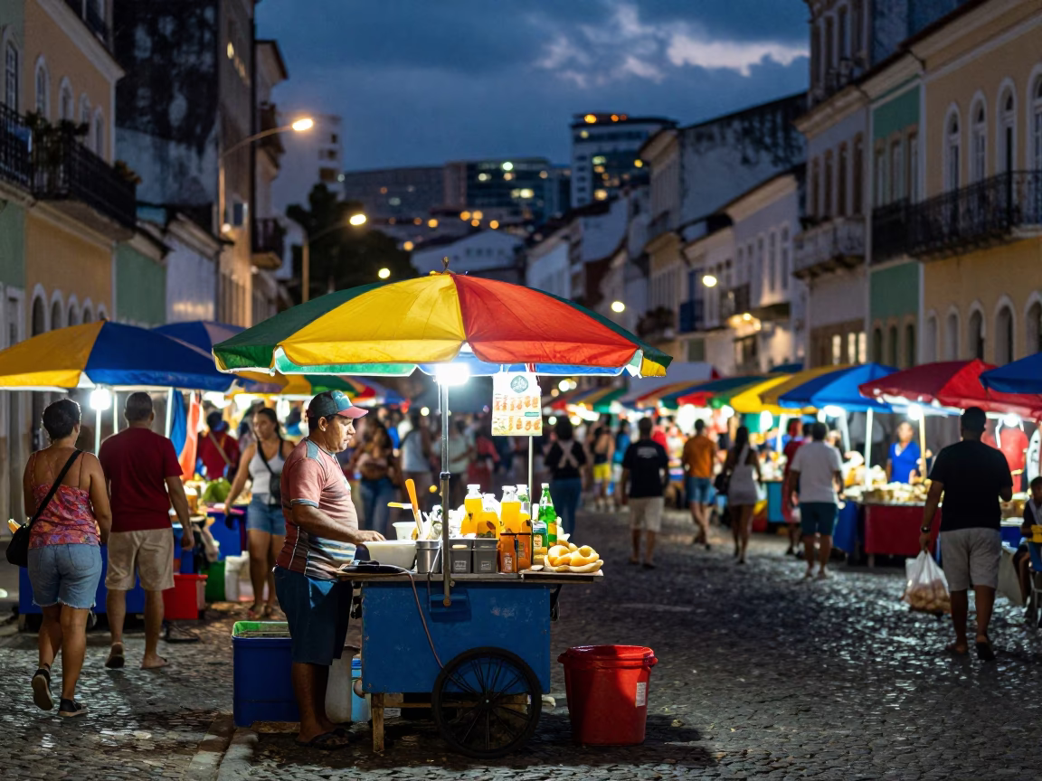 Colorful Street Food Vendor in Salvador Brazil Evening Market Scene with Skewers and Apron in in Salvador, Brazil