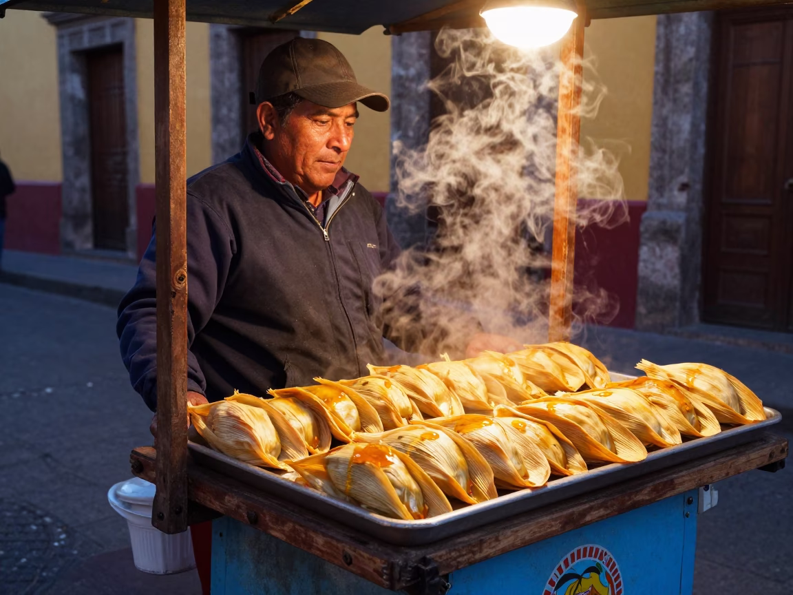Colorful Street Food Vendor Selling Tamales in Mexico City Evening Light in in Mexico City, Mexico