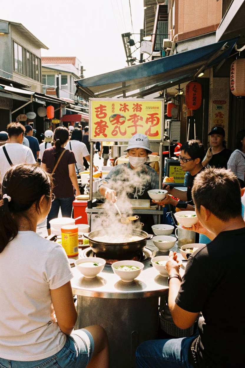 Colorful Street Food Vendor Serving Soup Bowls in Bright Midmorning Tainan Taiwan in in Tainan, Taiwan