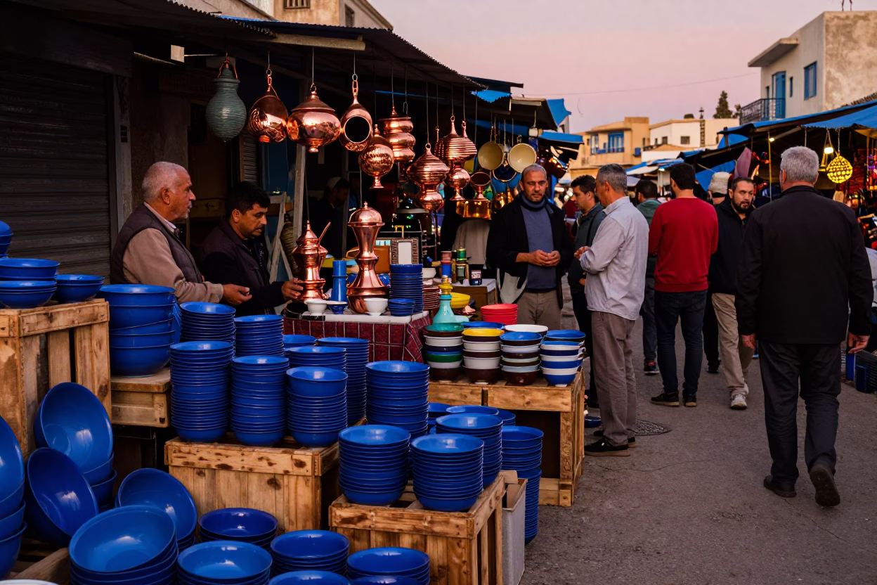 Colorful Street Market in Tunis Tunisia with Enamel Bowls Before Dusk in in Tunis, Tunisia