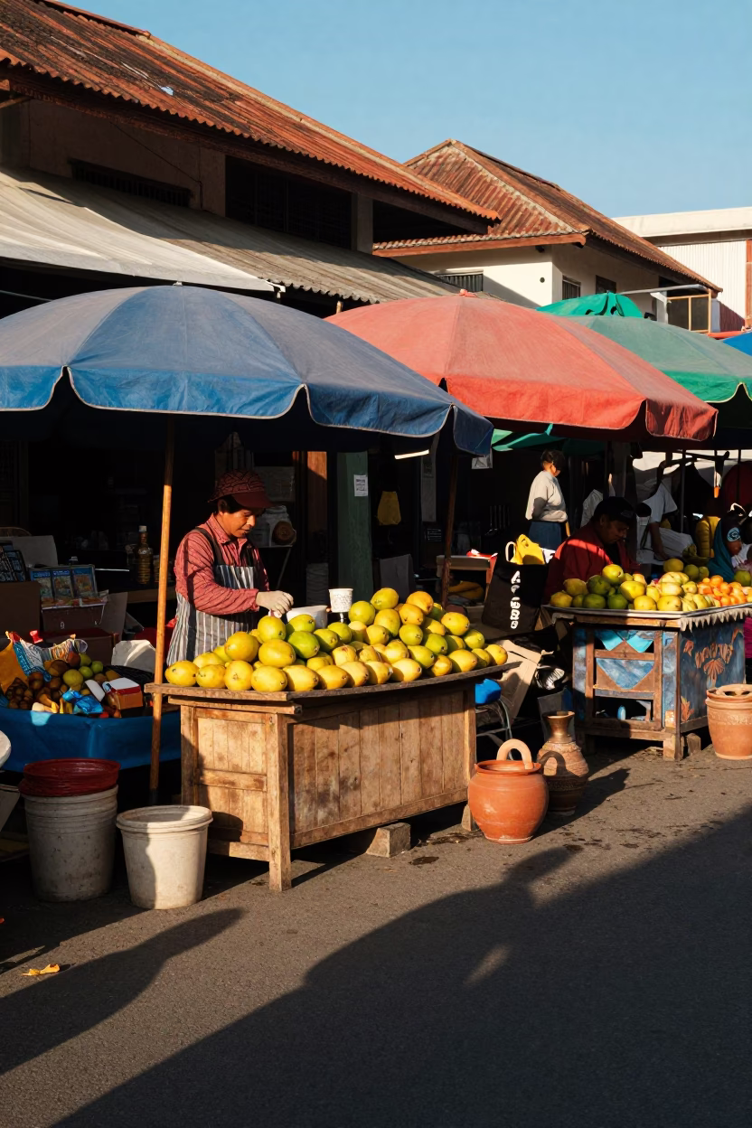 Colorful Street Market Scene in Denpasar Indonesia Late Afternoon Light with Local Commerce in in Denpasar, Indonesia
