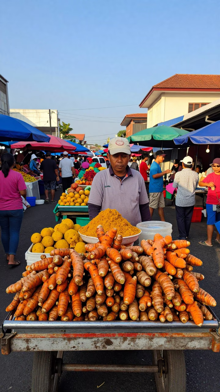 Colorful Street Market Scene in Denpasar Indonesia with Turmeric and Rendang in in Denpasar, Indonesia