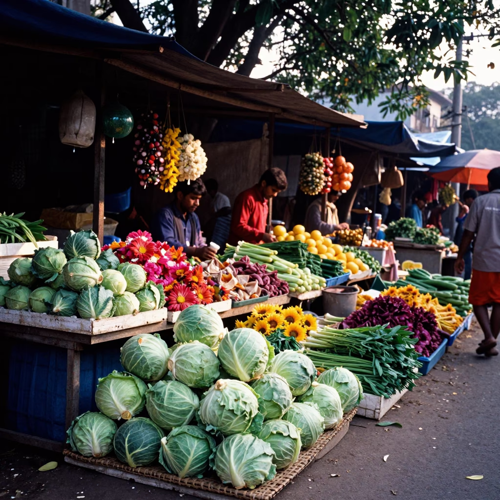 Colorful Street Market Scene in Kolkata India with Cabbages and Flowering Plant in in Kolkata, India