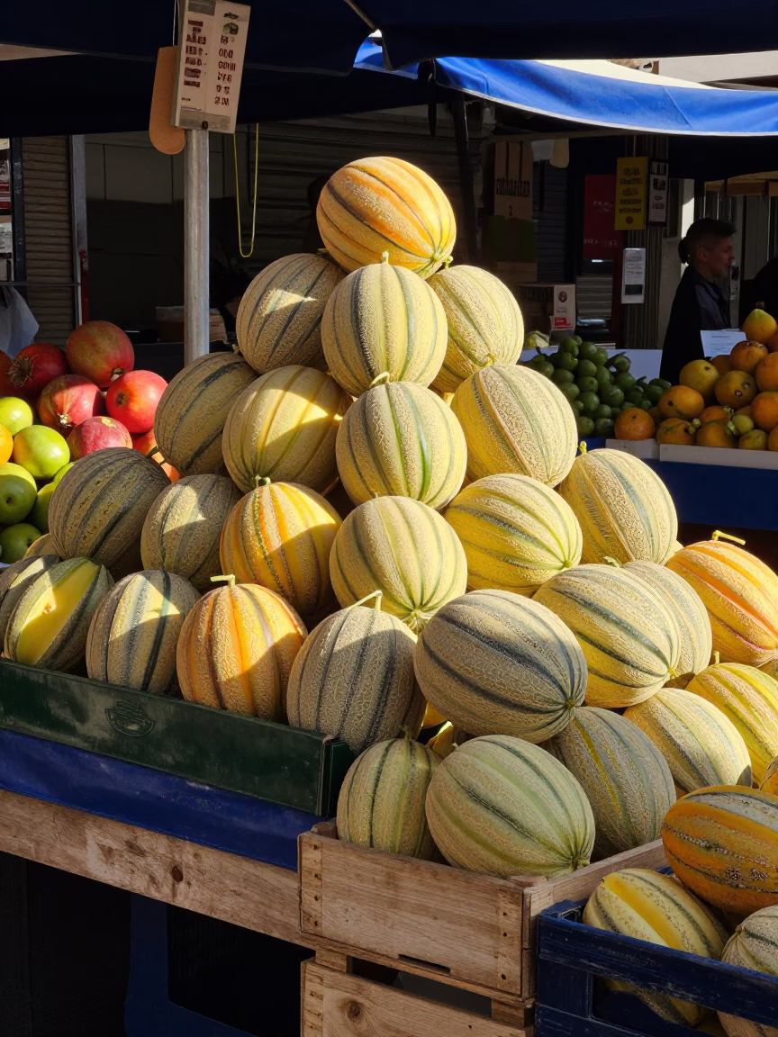 Colorful Street Market Stall with Fresh Melons in Valencia Spain Late Morning in in Valencia, Spain