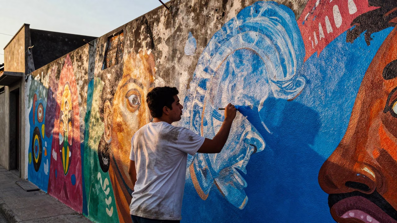 Colorful Street Mural Being Painted by Artist at Sunset in Mexico City in in Mexico City, Mexico