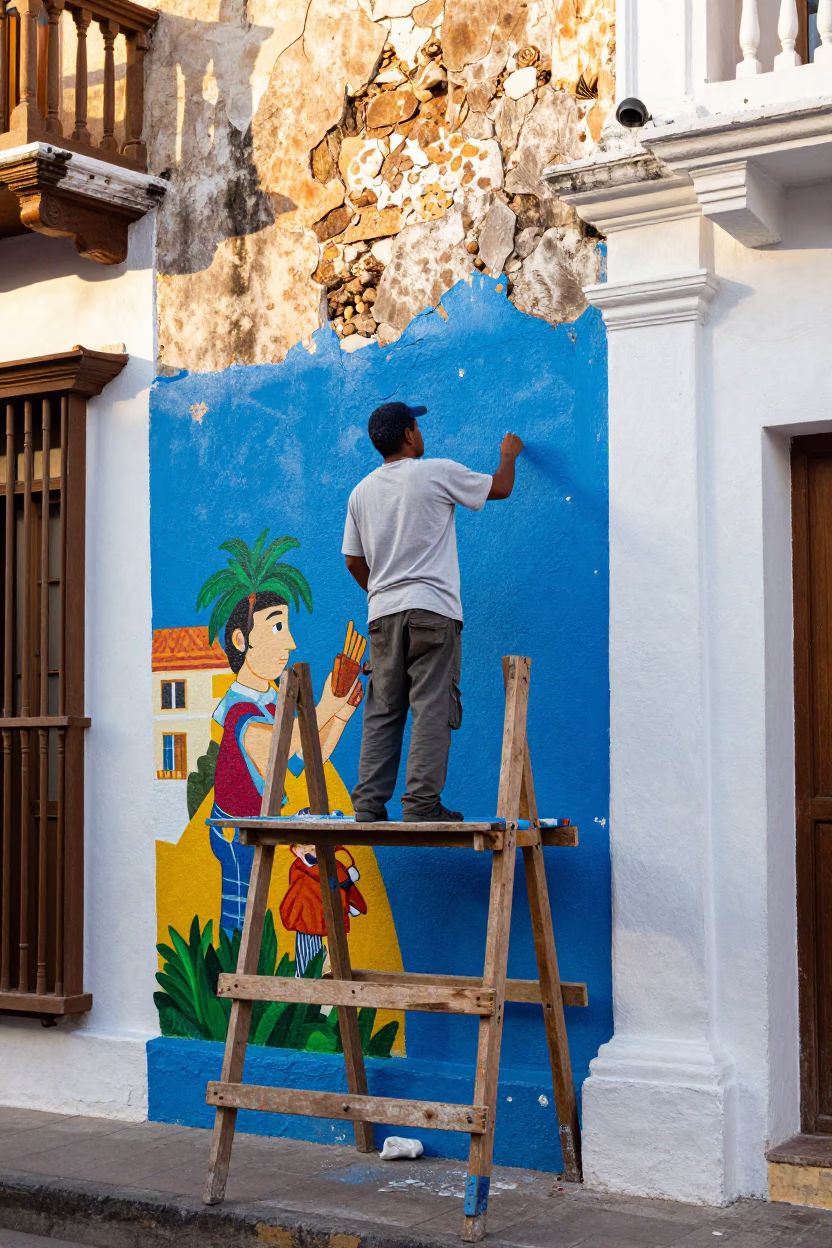 Colorful Street Mural Being Painted by Artist in Cartagena Colombia Early Afternoon in in Cartagena, Colombia