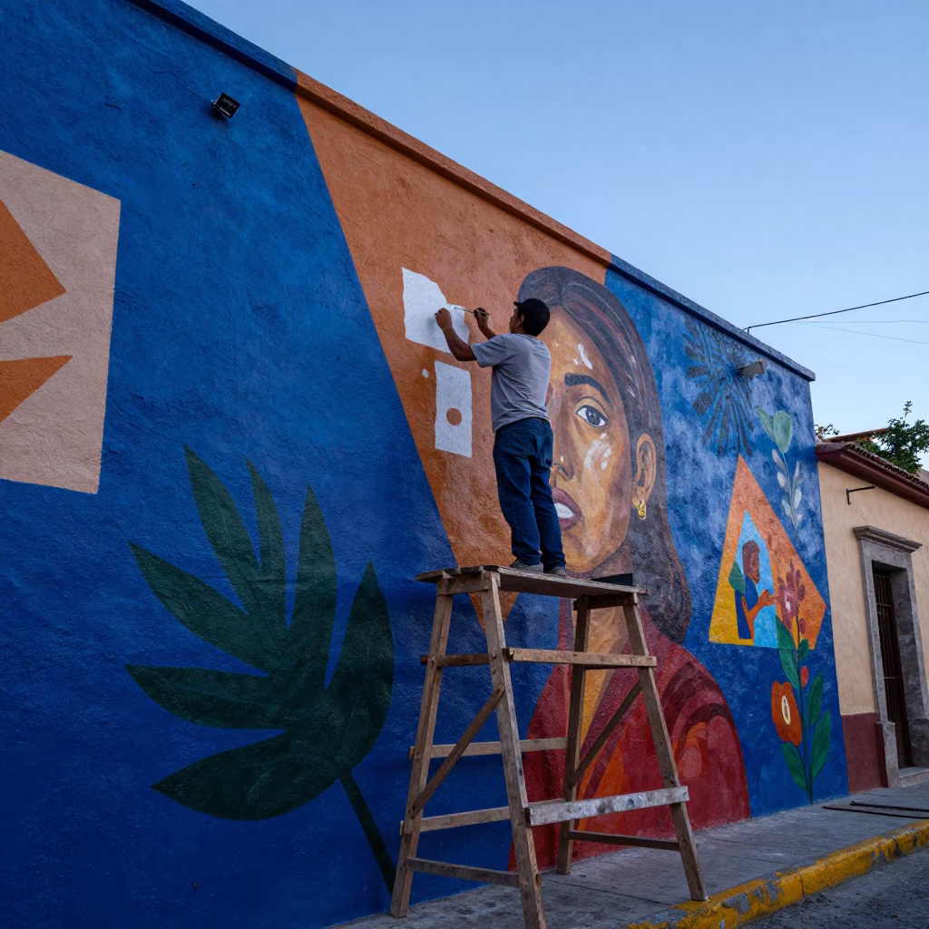 Colorful Street Mural Being Painted by Artist in Oaxaca Before Dawn in in Oaxaca, Mexico