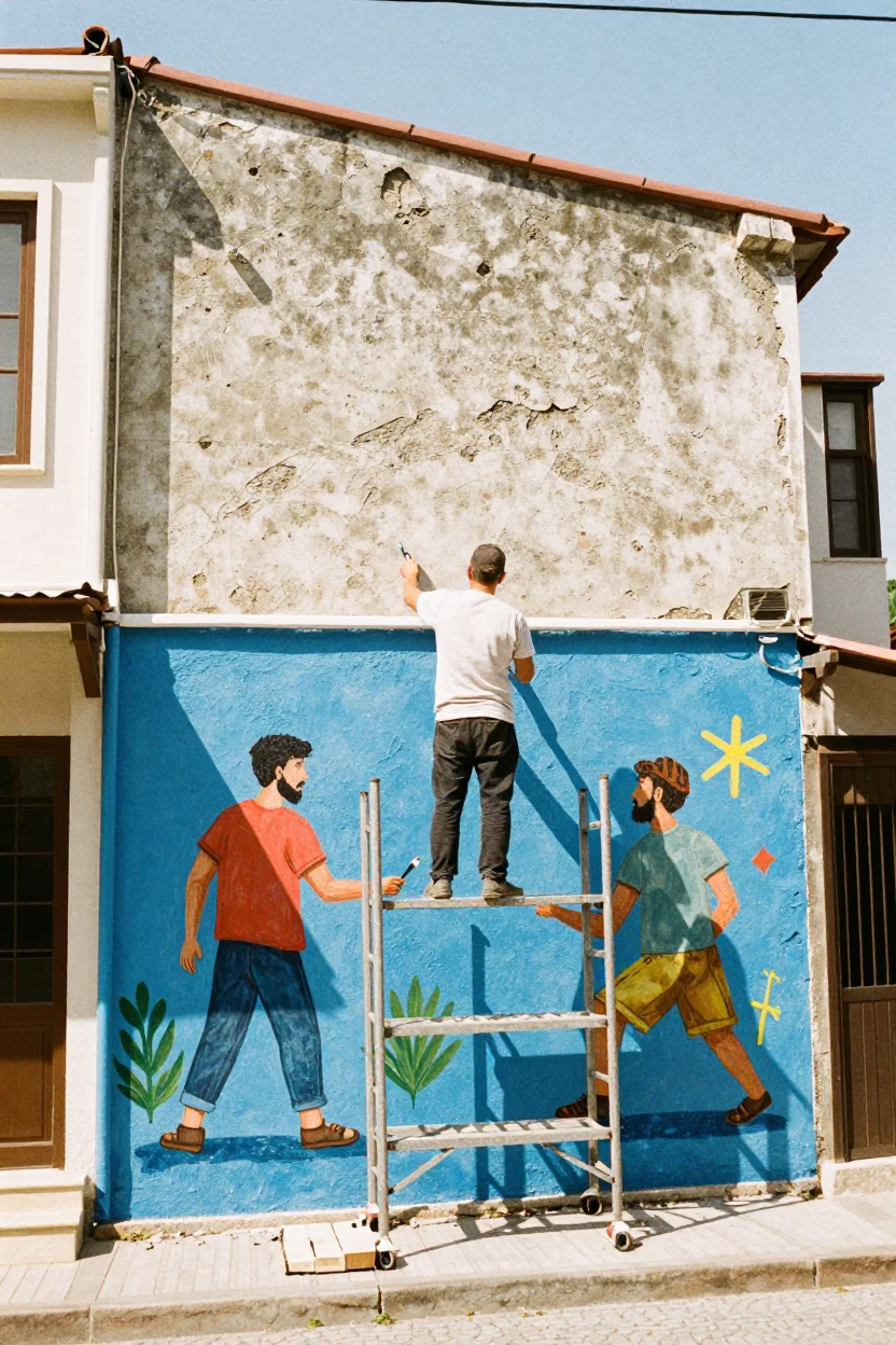 Colorful Street Mural Painting in Izmir Turkey Under Noon Sunlight in in Izmir, Turkey